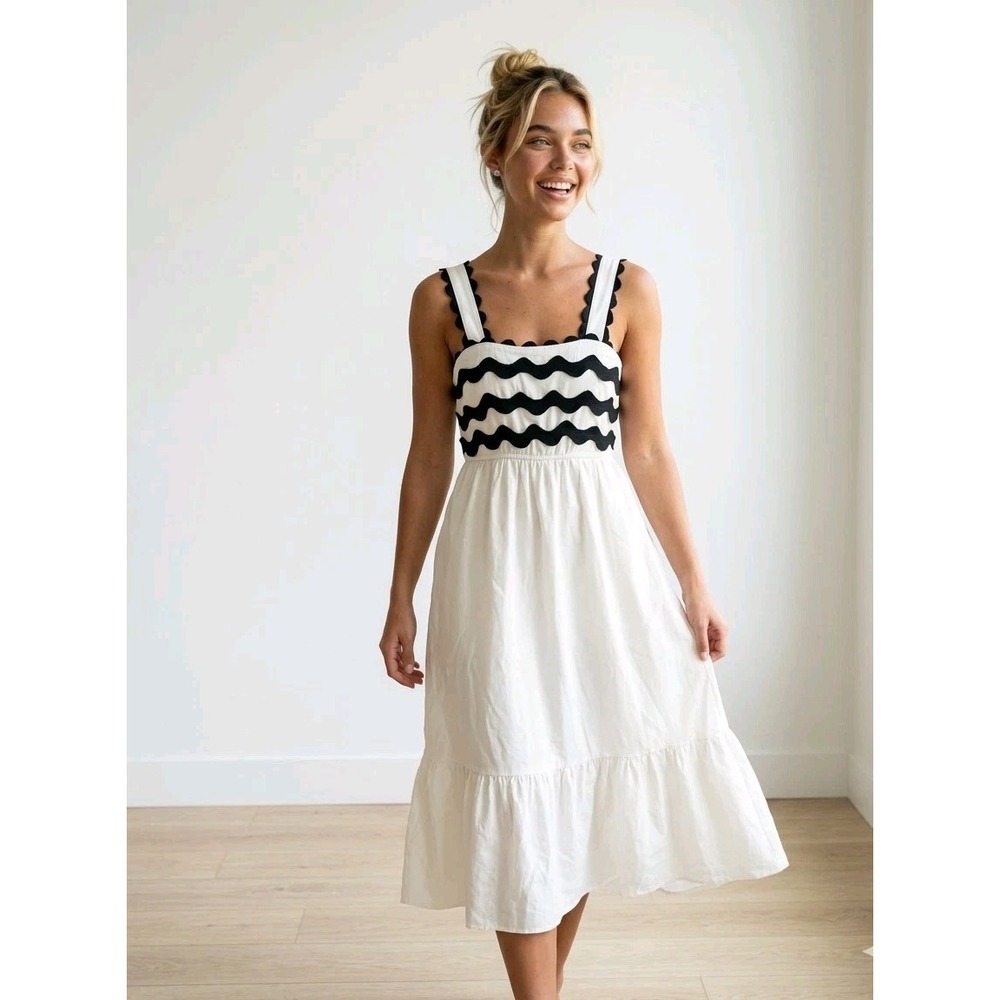 White‎ Tiered Sundress Sz Small Midi Dress Boho Cottagecore Scallop Trim